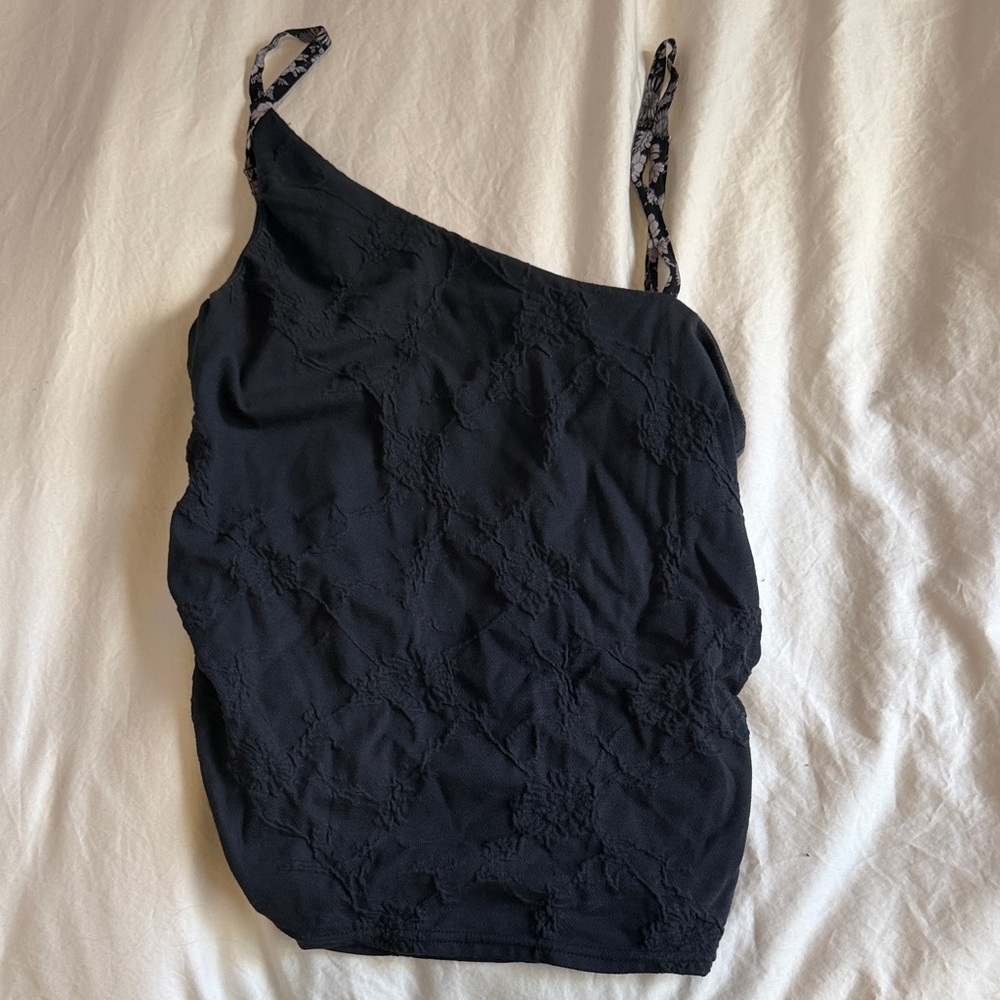 Free People Black One-Shoulder Lace-Texture Camisole with Floral Strap